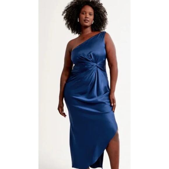 ABERCROMBIE AND FITCH a&f blue one shoulder satin knotted midi side slit dress - Picture 3 of 10